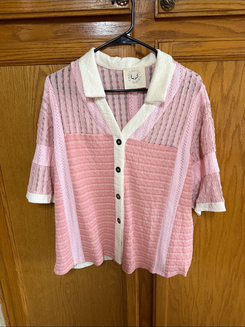 Fantastic Fawn Pink and Cream Knit Button-Up Blouse